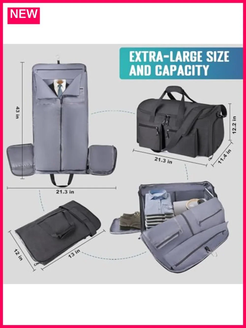 2 in 1 Garment Duffel Bag Carry-On Travel Suit Organizer with Shoe Compartment